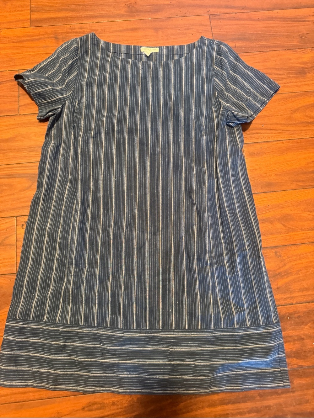 Eileen Fisher Navy and White Striped Short Sleeve Shift Dress - Picture 2 of 8